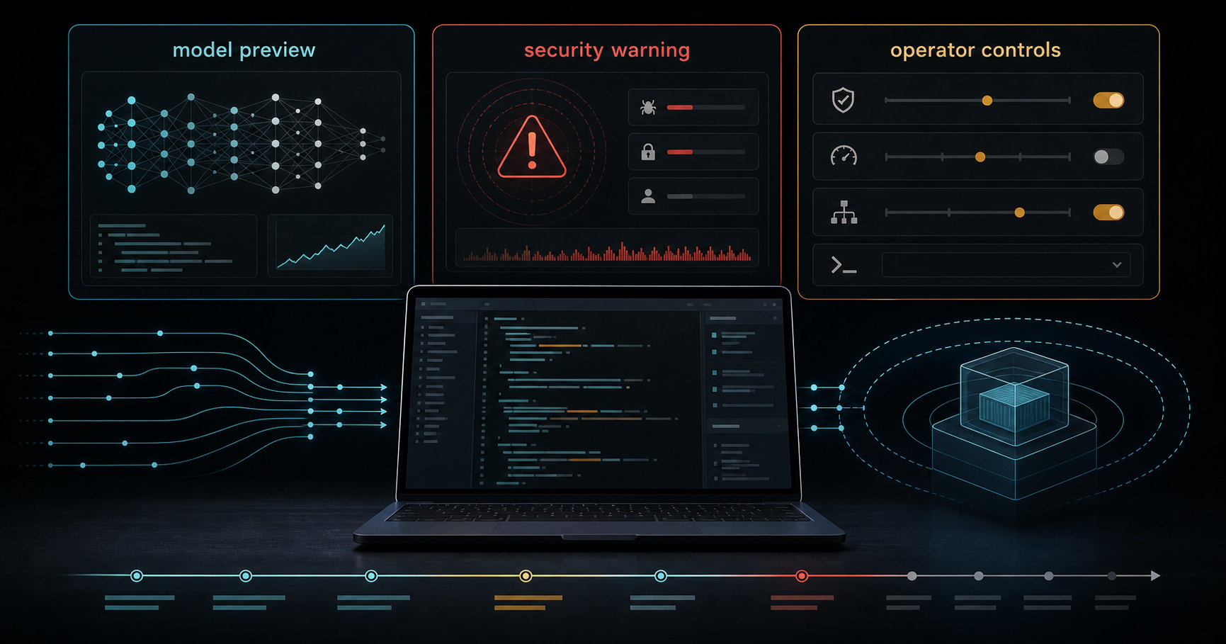 Generated developer-ops illustration showing a laptop, model preview panel, security warning panel, and operator controls around coding-agent network egress.