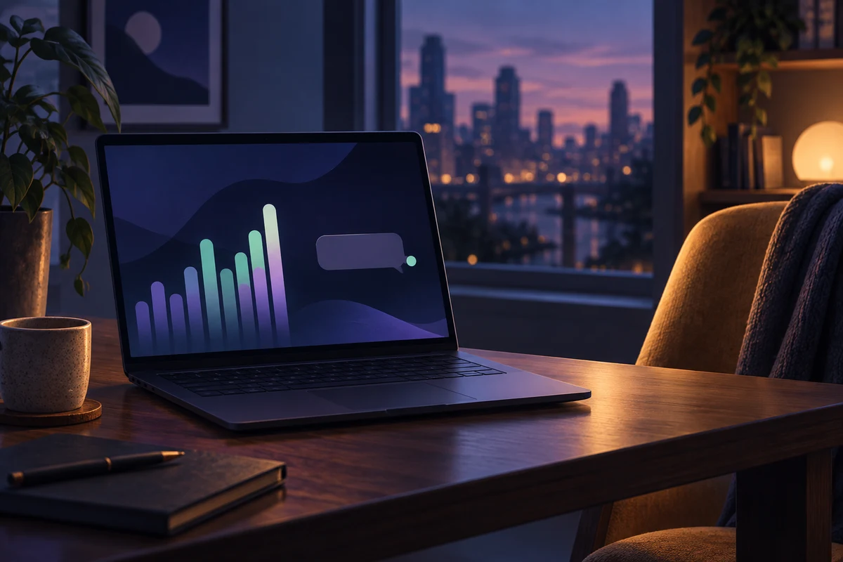 An open laptop displays an abstract request chart and an unanswered message beside an empty chair in a quiet evening office.