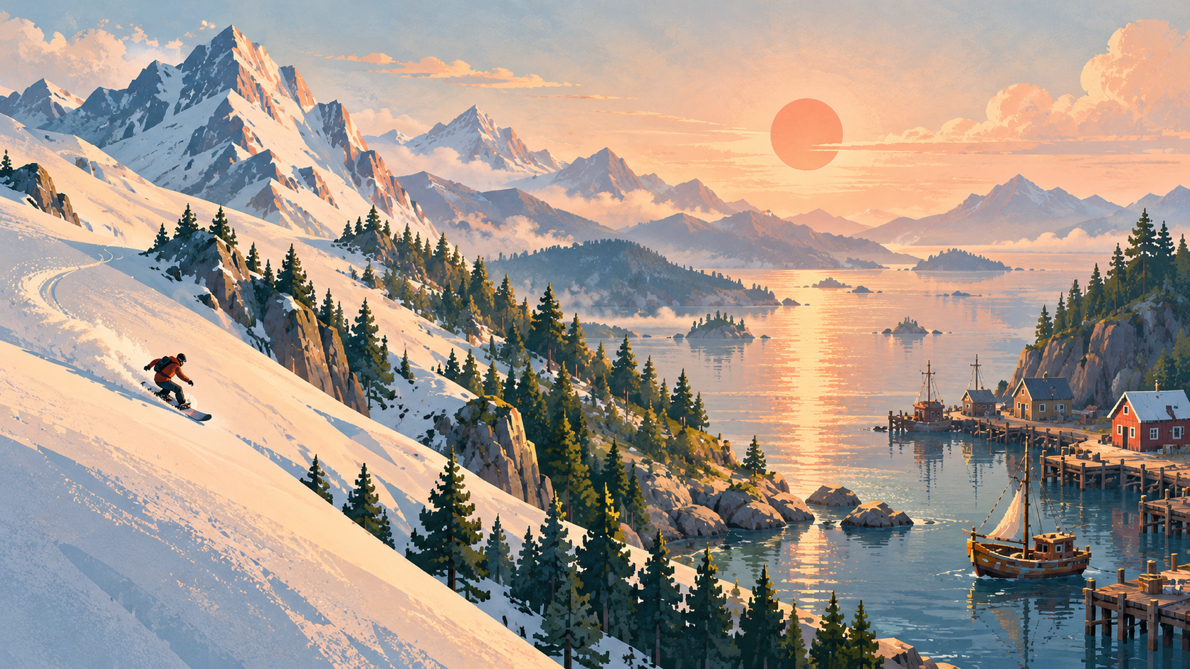 A snowboarder descends a snowy mountainside overlooking a coastal inlet, small boats and a dockside village in warm evening light.