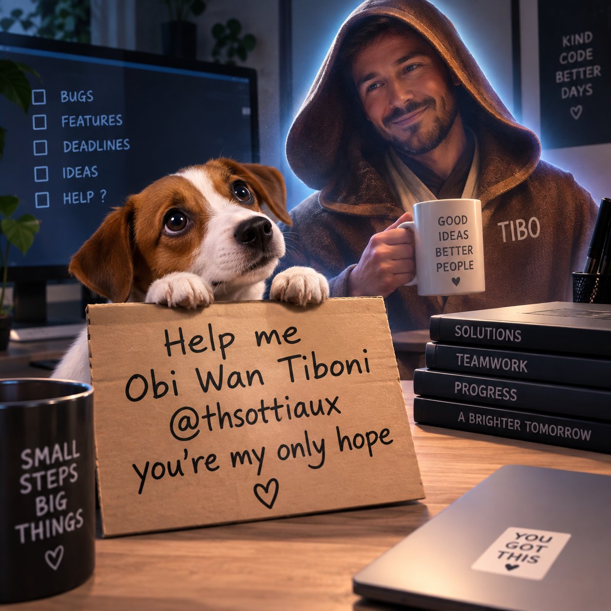 Stylized illustration of a hooded person holding a mug beside a puppy and a supportive sign addressed to Tibo.